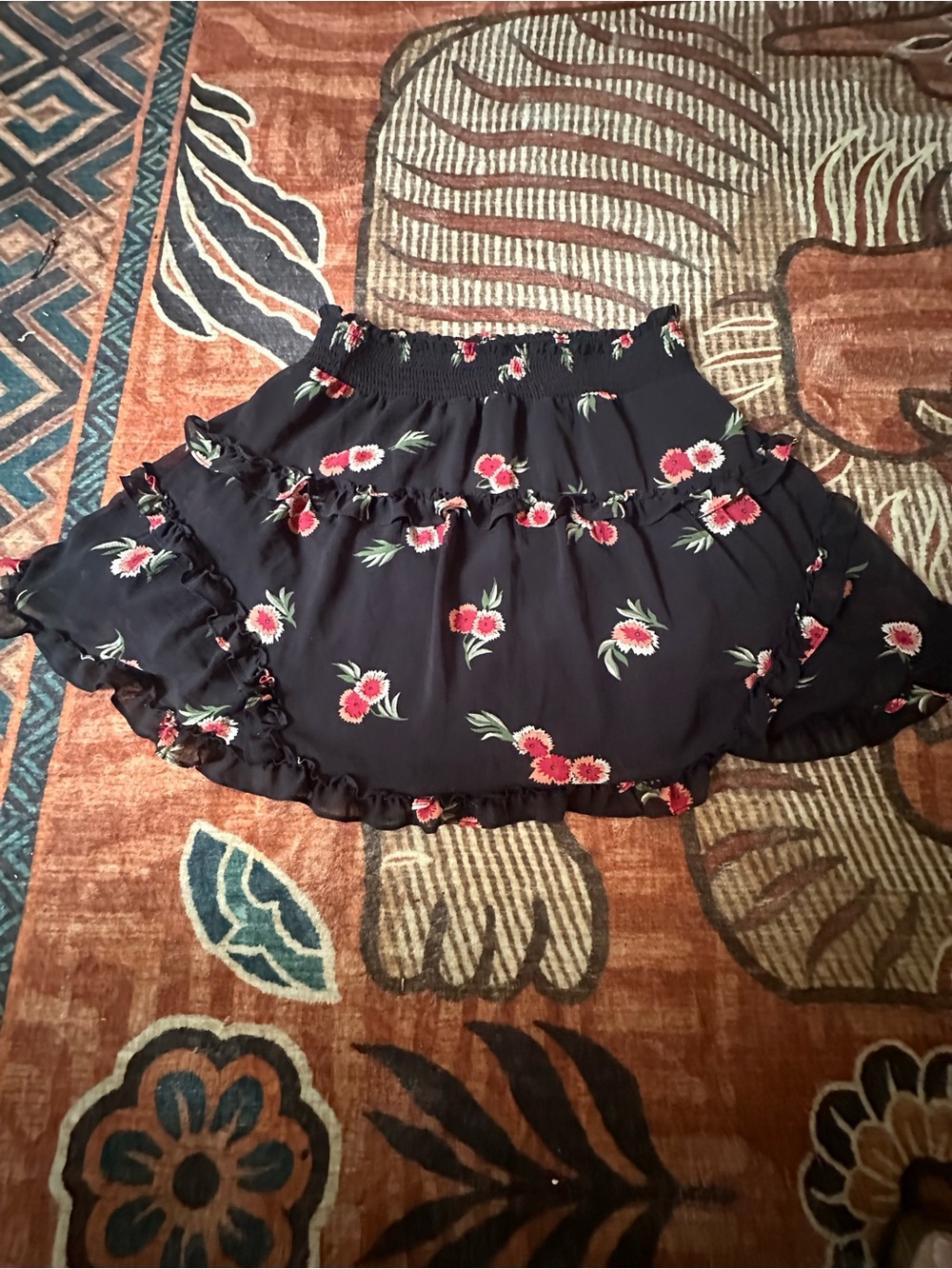 Urban Outfitters Smocked Waist Black Floral Ruffle Skater Skirt
